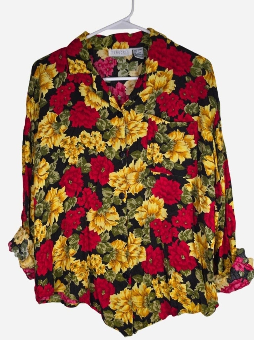 Vintage 90s Floral Blouse Black & Red Boho Cottagecore Womens Size Large L